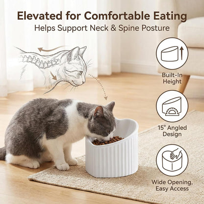 Ceramic Raised Cat Bowls, Tilted Elevated Food or Water Bowls, Stress Free, Backflow Prevention, Dishwasher and Microwave Safe, Lead & Cadmium Free